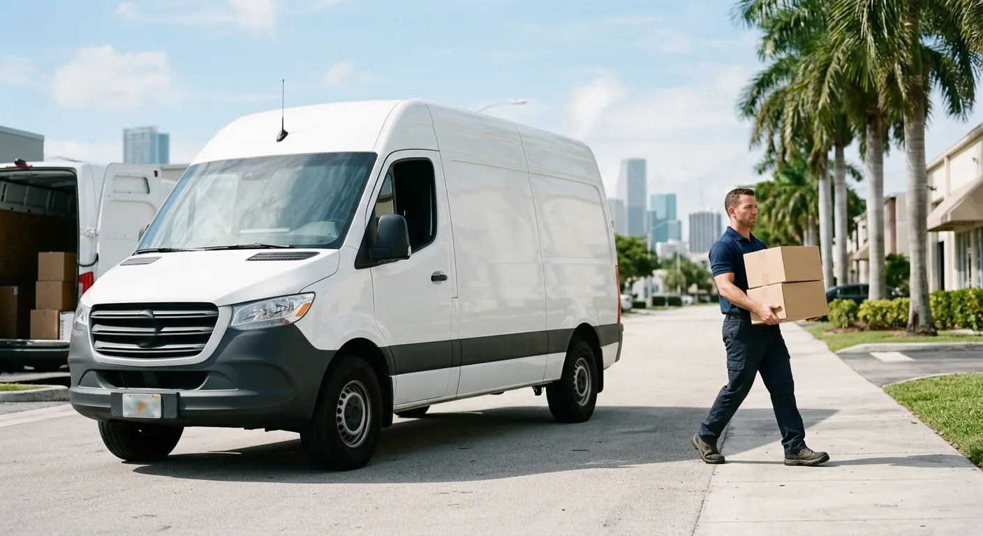 A JM Express Logistics driver carrying boxes to a white delivery van with the Miami skyline behind