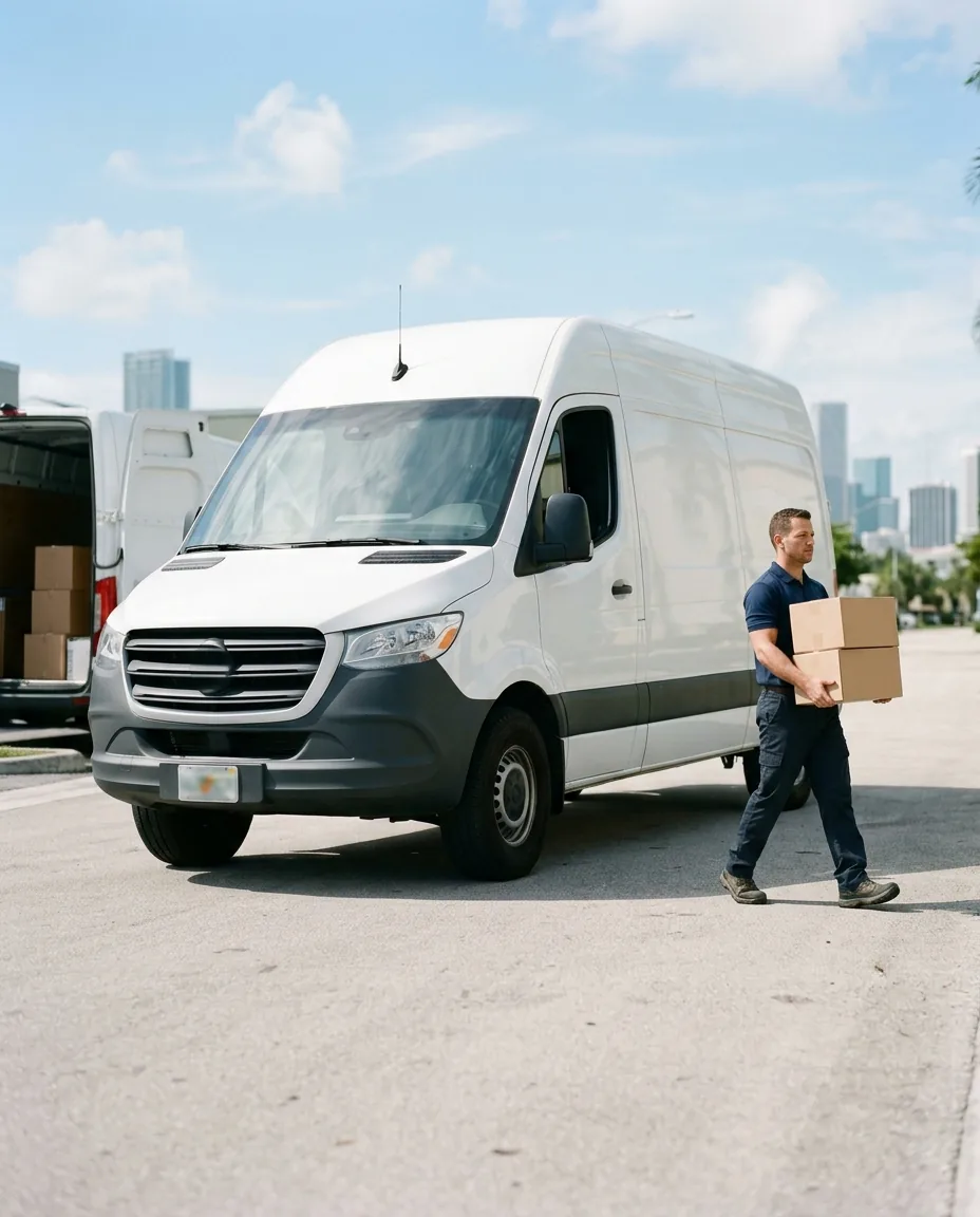 JM Express courier carrying boxes to a delivery van with the Miami skyline behind