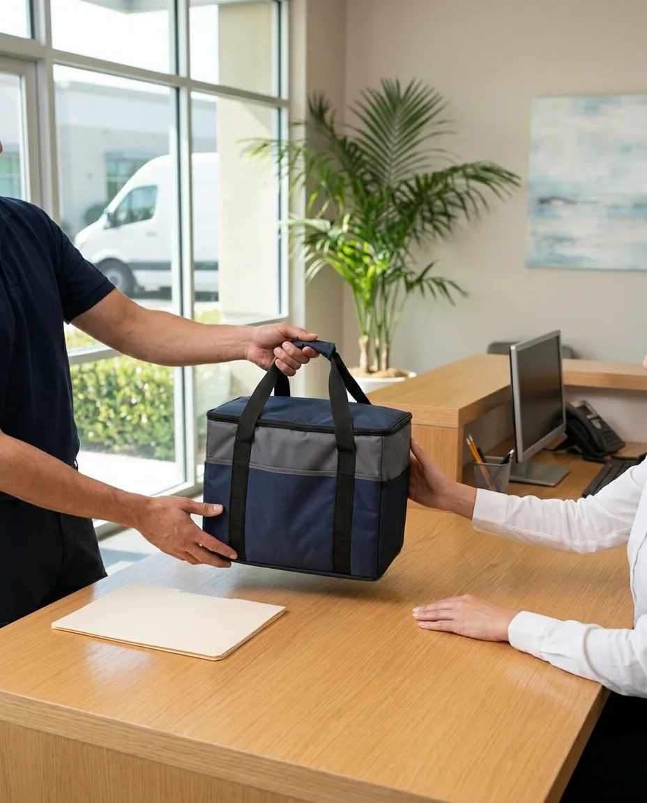 Un mensajero entregando una bolsa térmica en una recepción de oficina profesional moderna.