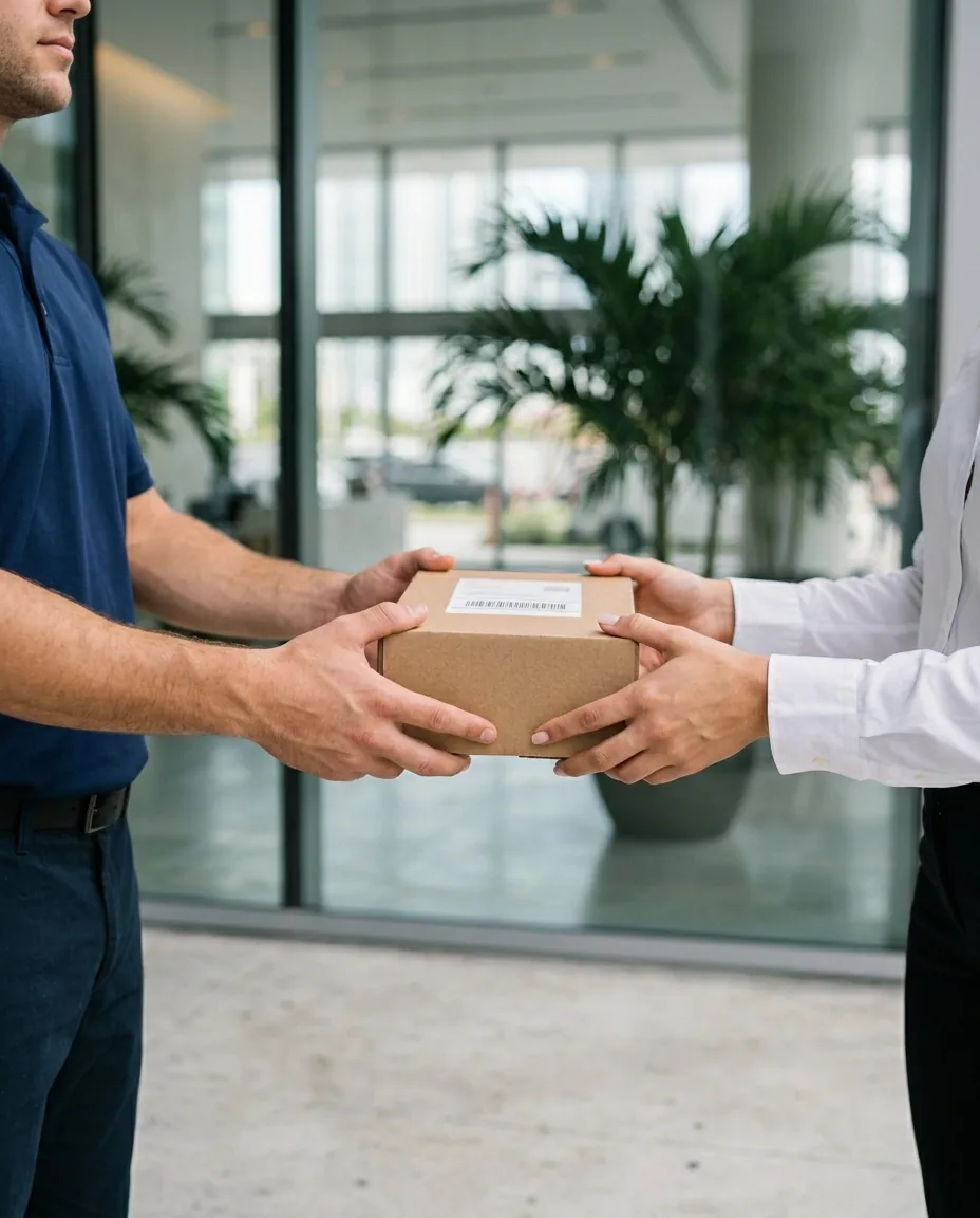 Un mensajero de JM Express completando una entrega el mismo día en un vestíbulo de oficina en Miami.